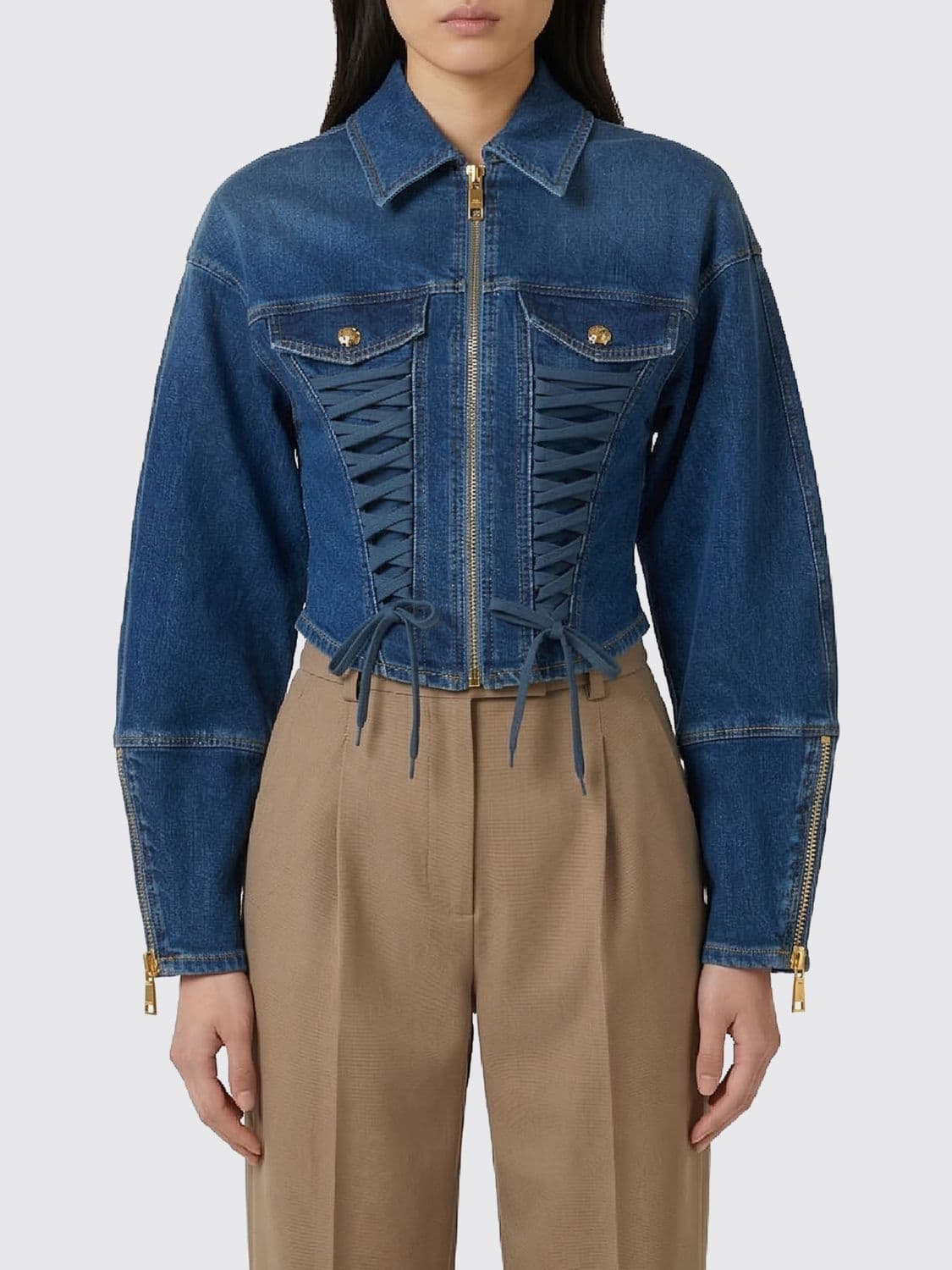 Elisabetta Franchi Denim Bustier Jacket with Laces
