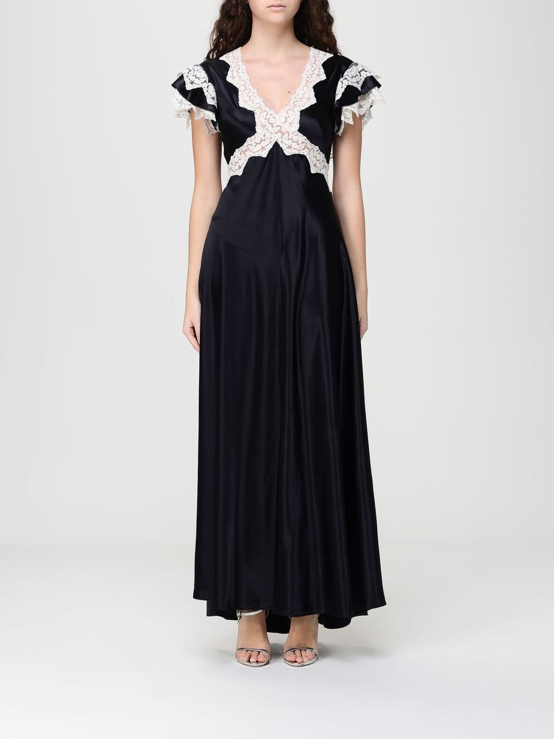 Alberta Ferretti Long Satin Dress with Lace Inserts · 40