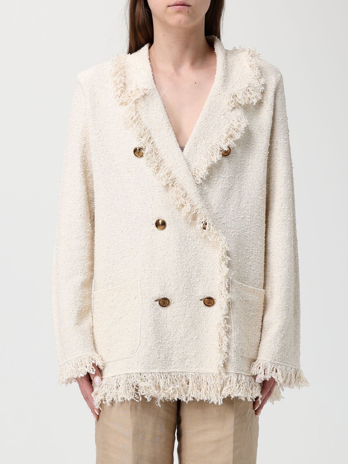 Elisabetta Franchi Double-Breasted Bouclé Knit Blazer with Fringes