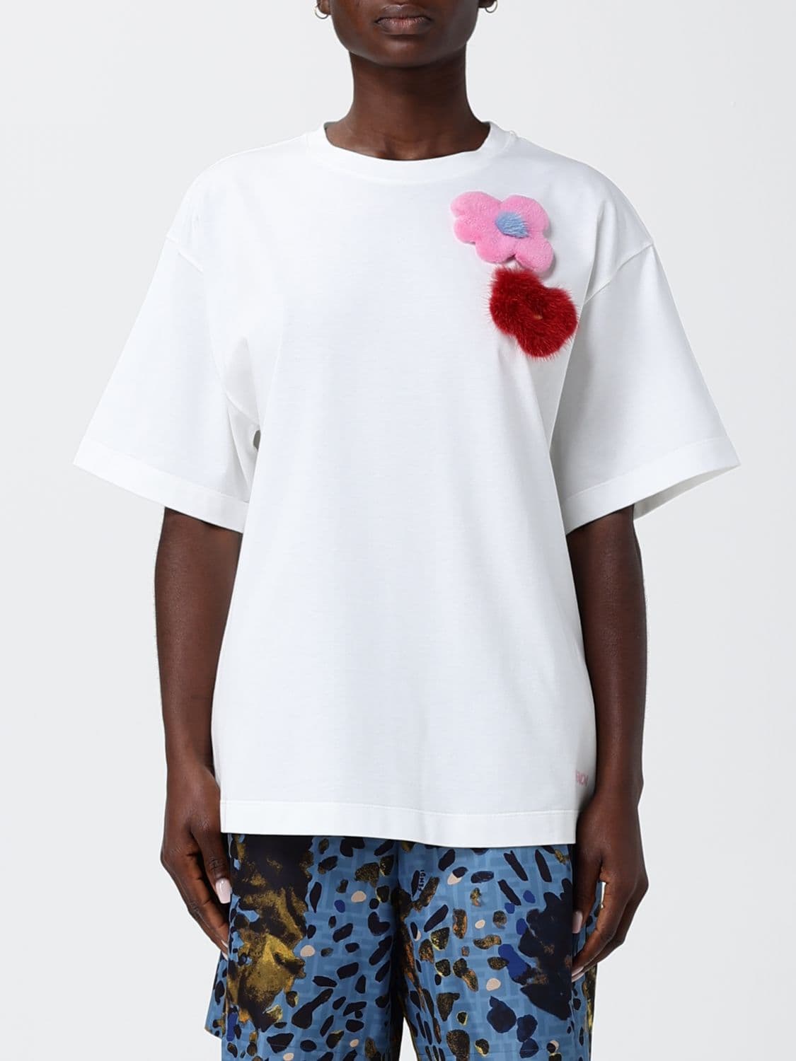 Fendi Cotton T-Shirts with Mink Fur Flowers