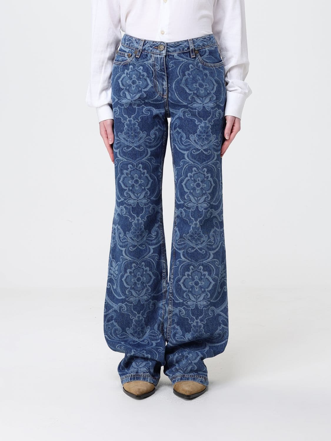 Etro Cotton Denim Flared Jeans with Paisley Print