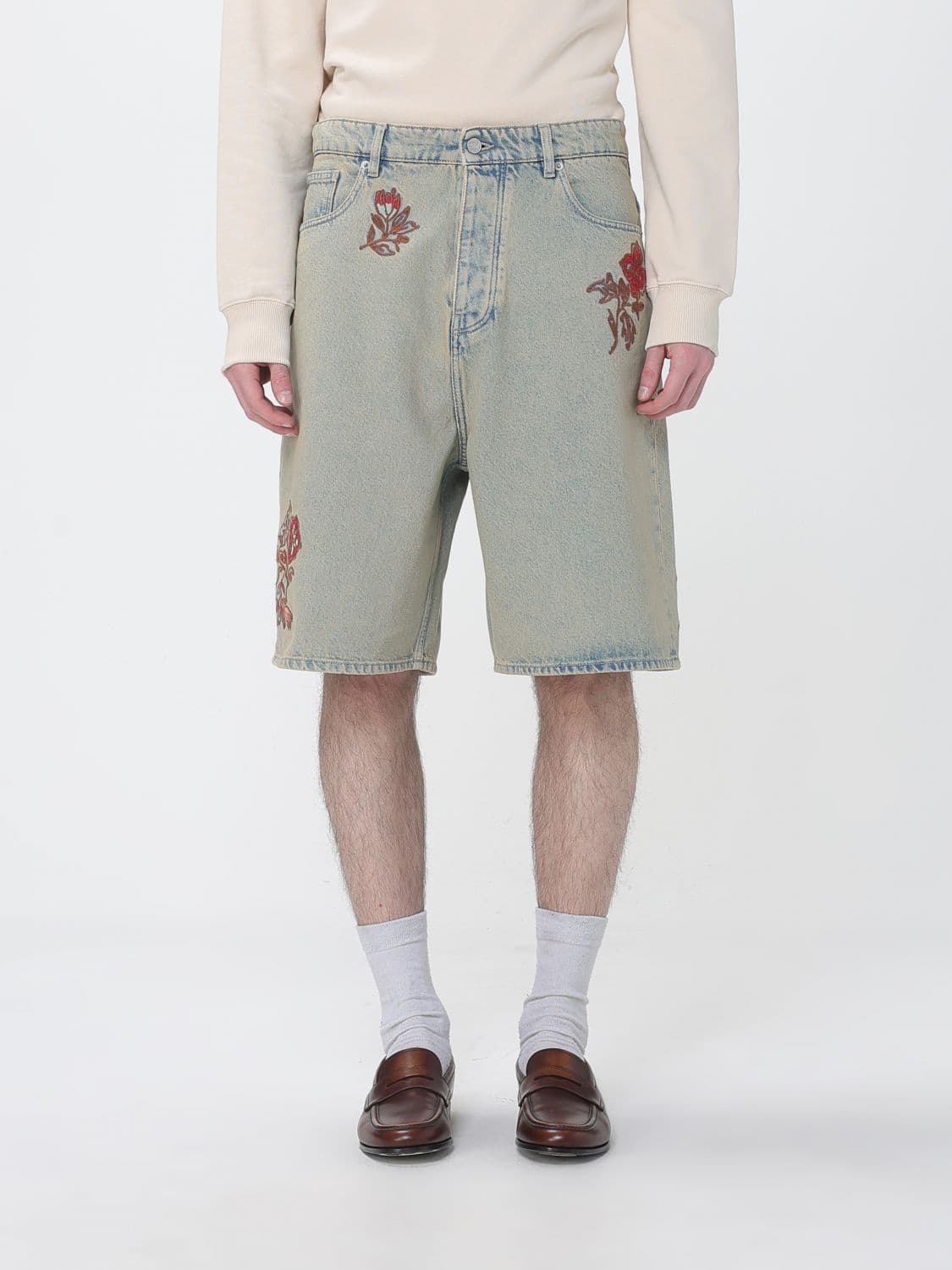 Drôle De Monsieur Cotton Denim Bermuda Shorts with Floral Embroidery