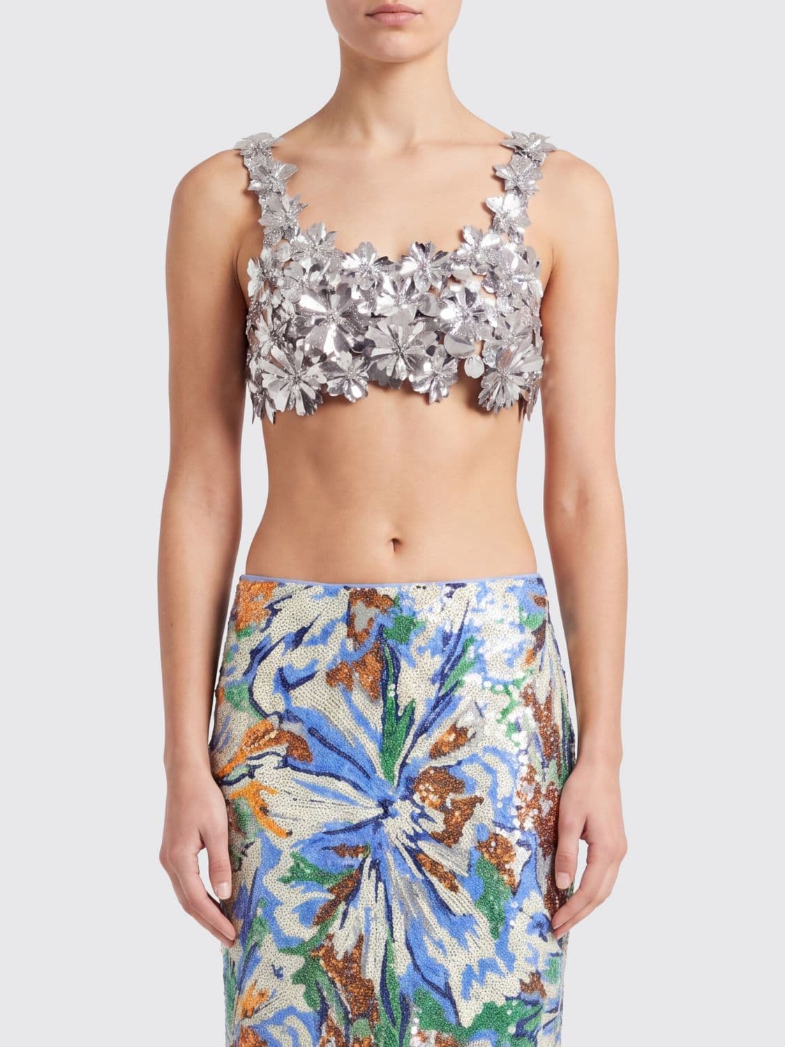 Rabanne Crop Top with Discs and 3D Flowers