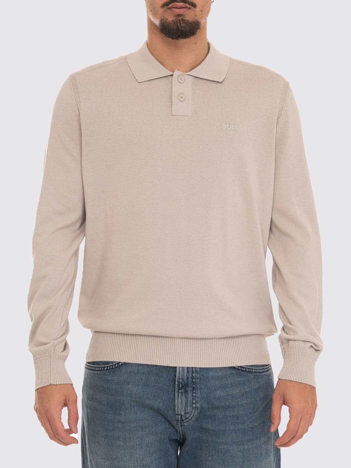 Boss Long-Sleeved Cotton Polo Shirt with Tone-on-Tone Embroidered Logo