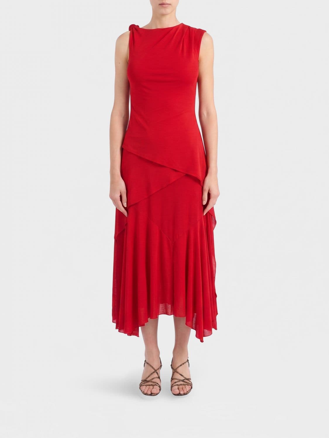 Ganni Asymmetrical Off-The-Shoulder Midi Dress in Recycled Jersey