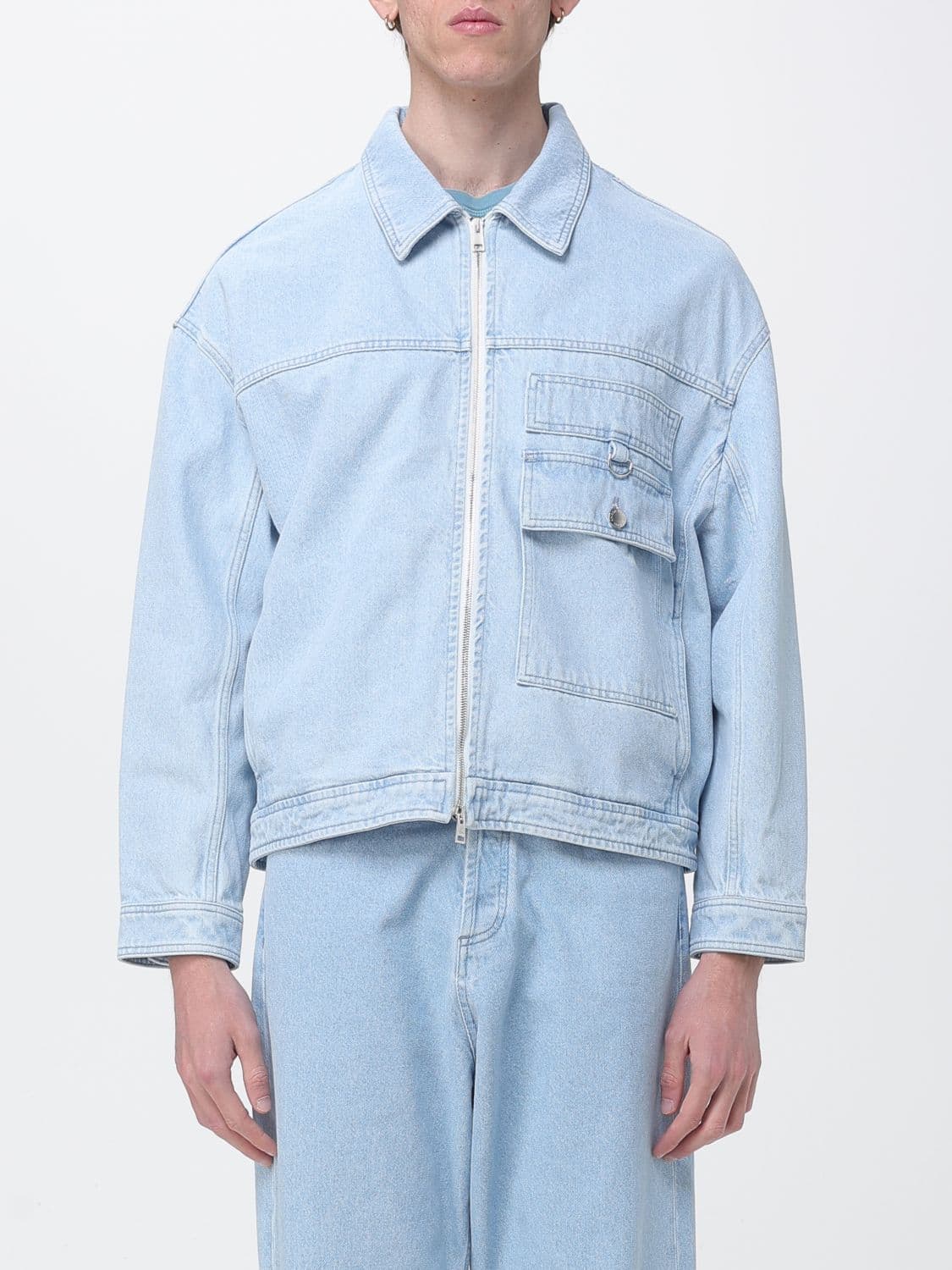 Maison Kitsuné Bleached Denim Shirt Jacket with Zip Closure