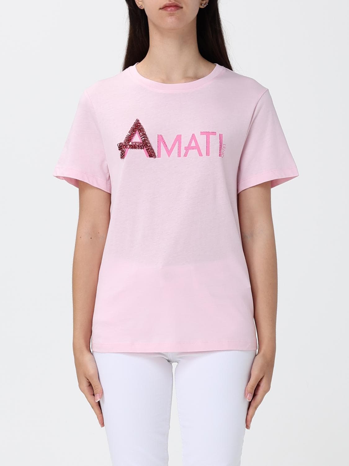 Liu Jo Cotton T-Shirt with Embroidered Logo and Rhinestones