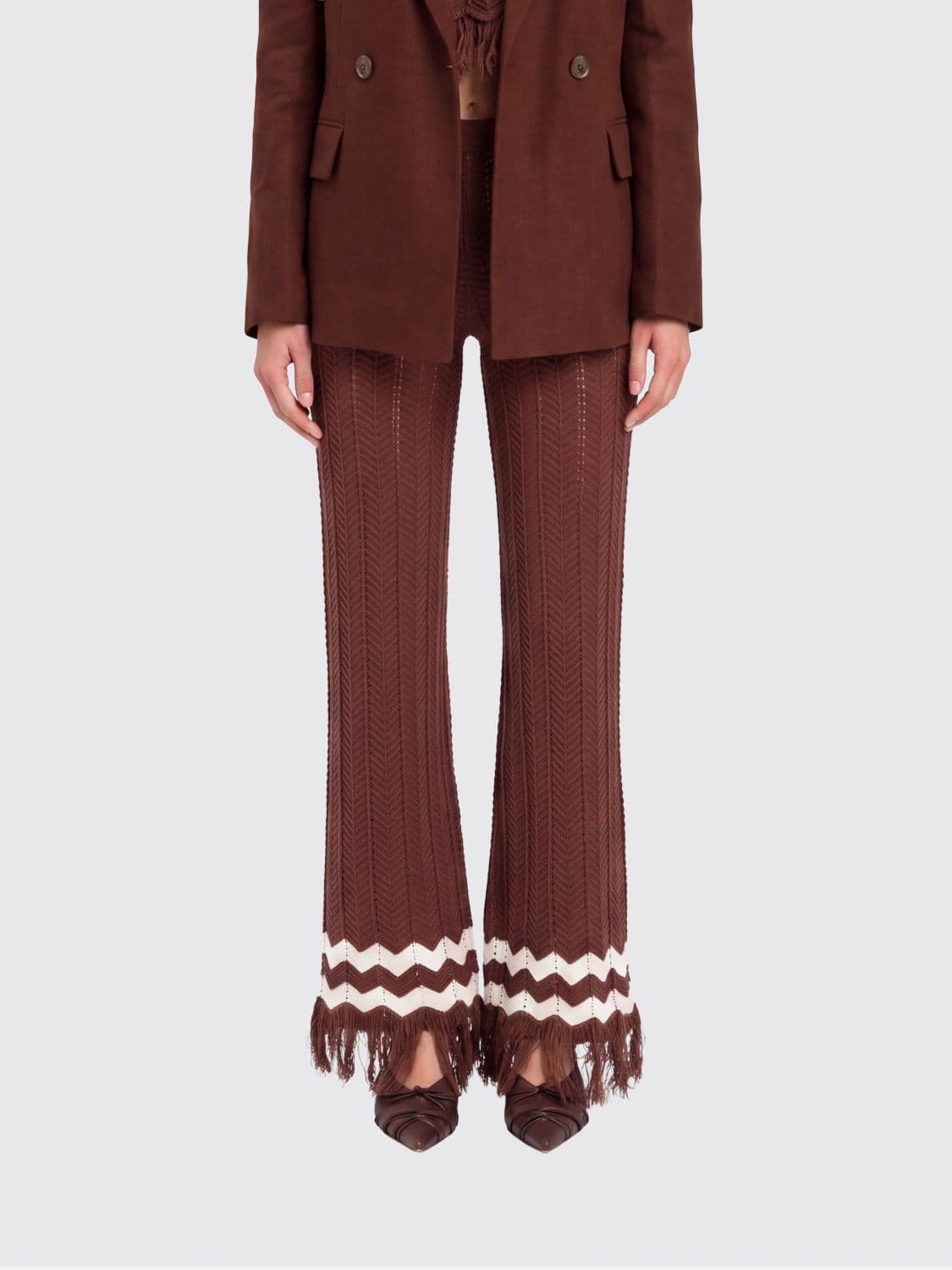 Actitude Twinset Slim Fit Crochet Cotton Trousers with High Waist and Fringed Hem · L