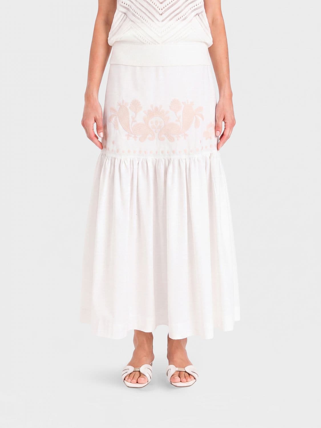 Actitude Twinset Pleated Midi Skirt in Cotton with High Waist and Embroidery