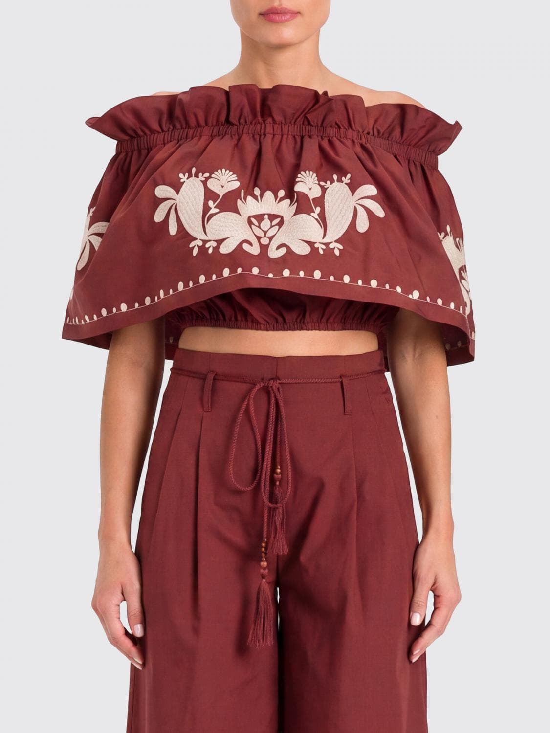 Actitude Twinset Floral Print Cropped Top in Cotton with Off-the-Shoulder Design