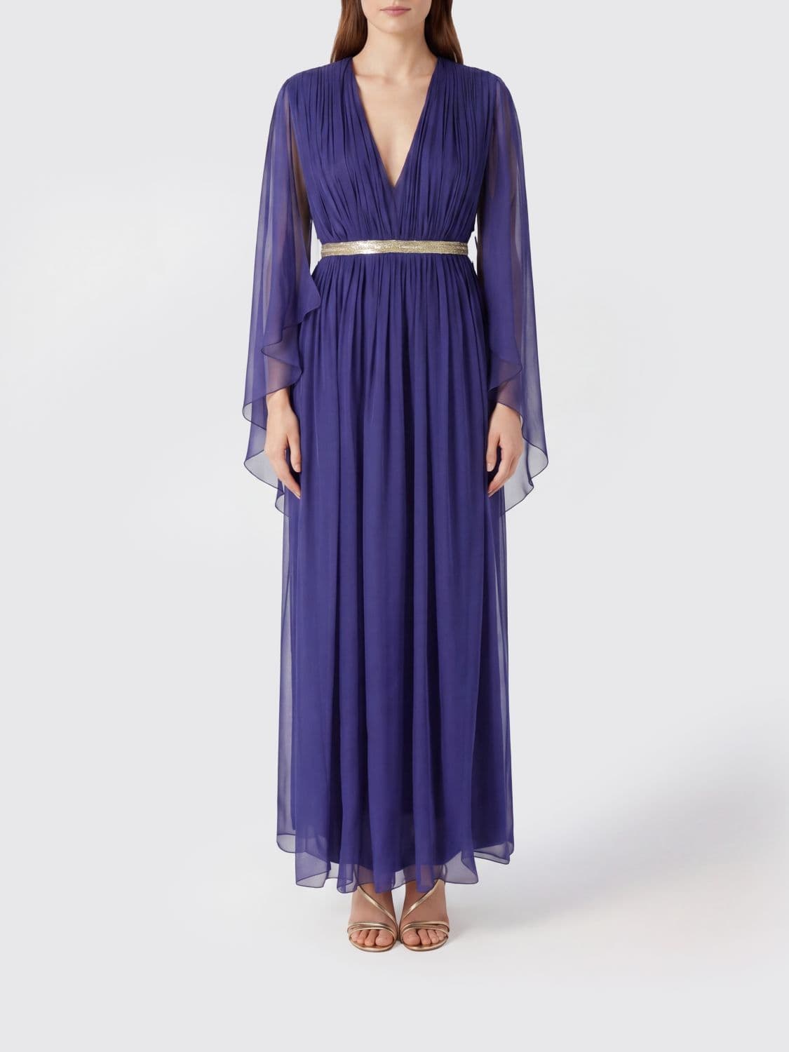 Alberta Ferretti Sleeveless Pleated Silk Long Evening Gown with V-Neck