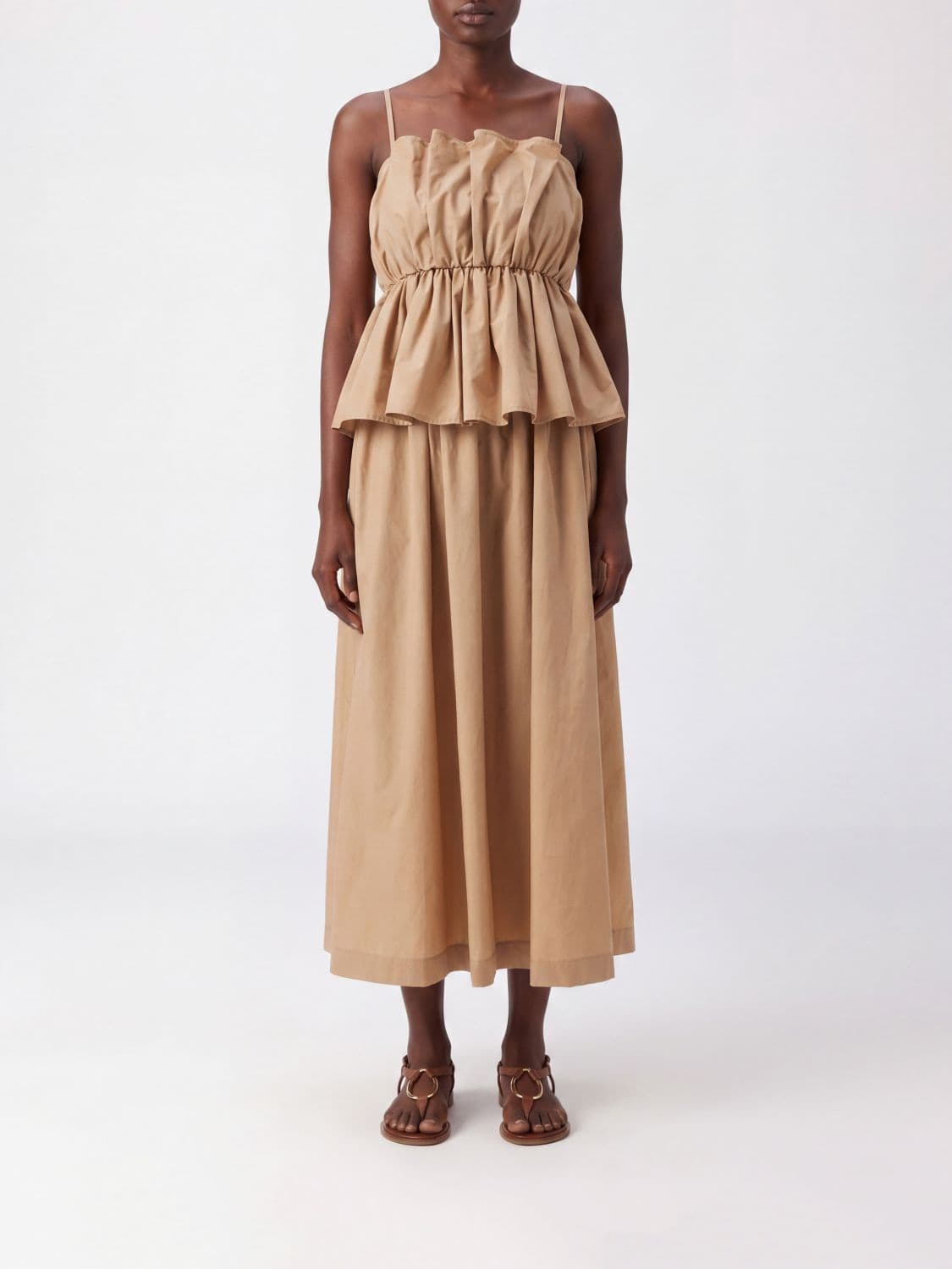 Twinset A-Line Cotton Midi Dress with Square Neckline and Thin Straps