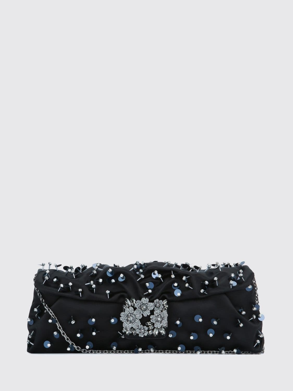 Roger Vivier Satin Clutch with Bead Embroidery and Chain Strap