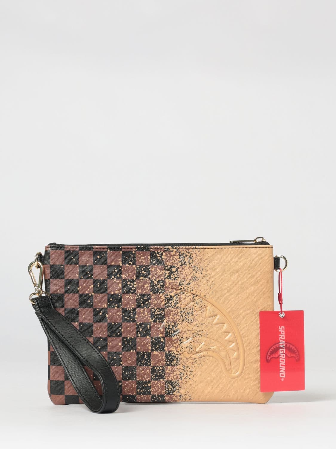 Sprayground Checkered Faux Leather Pouch with Removable Strap and Shark Logo · OS