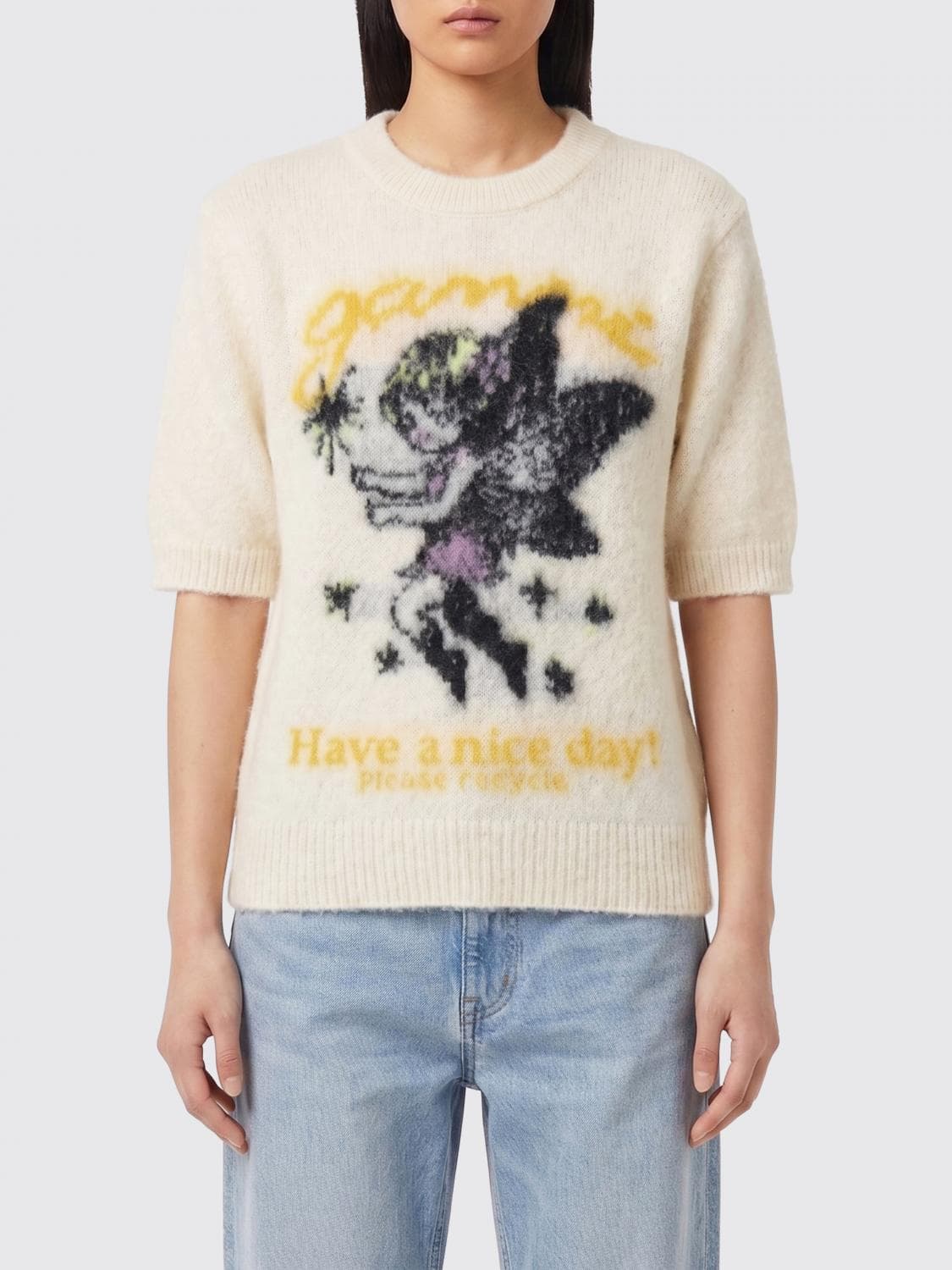 Ganni Short-Sleeved Wool Jumper with Contrast Graphic Print