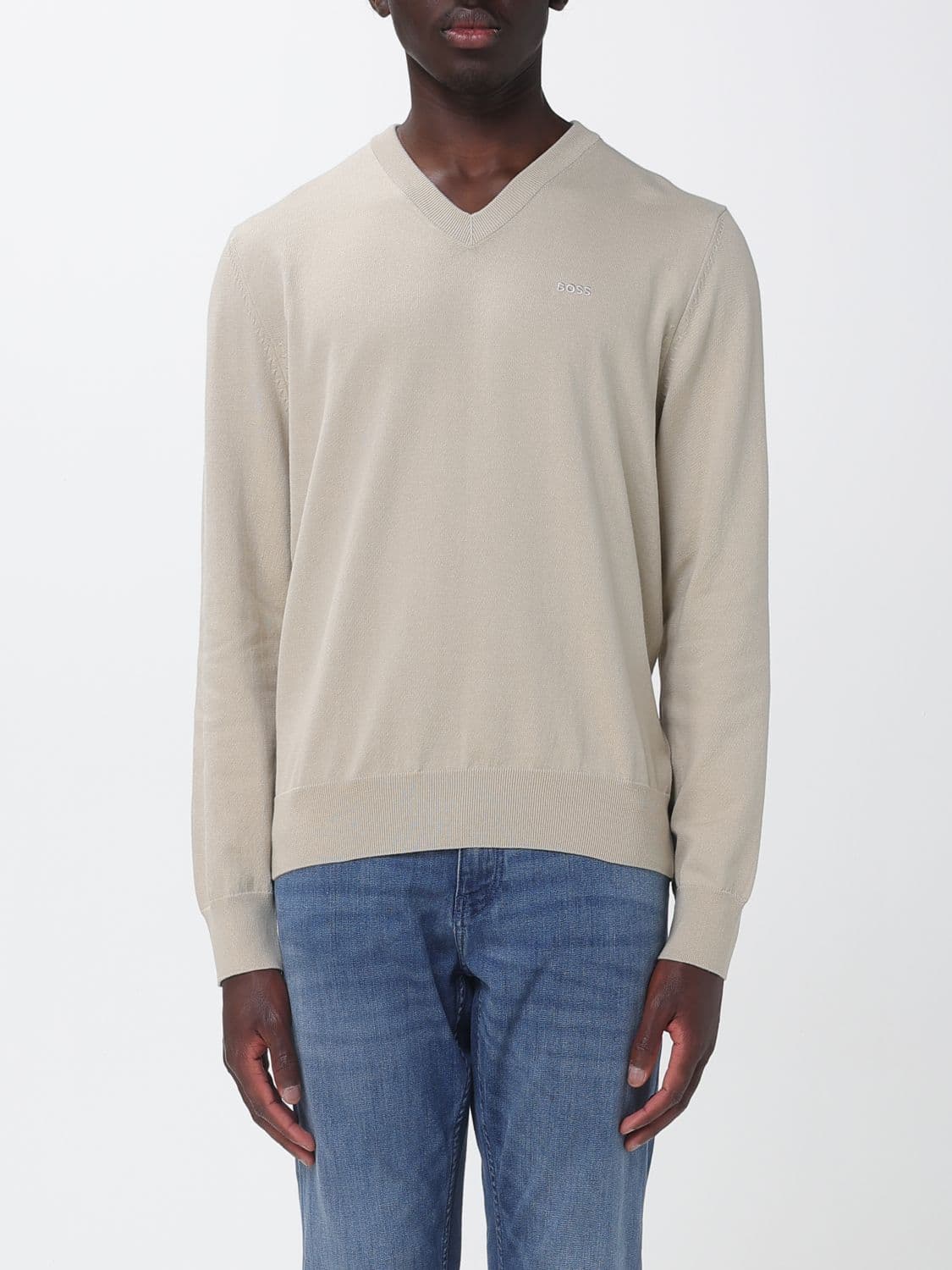 Boss V-Neck Cotton Jumper with Long Sleeves and Ribbed Cuffs and Hem