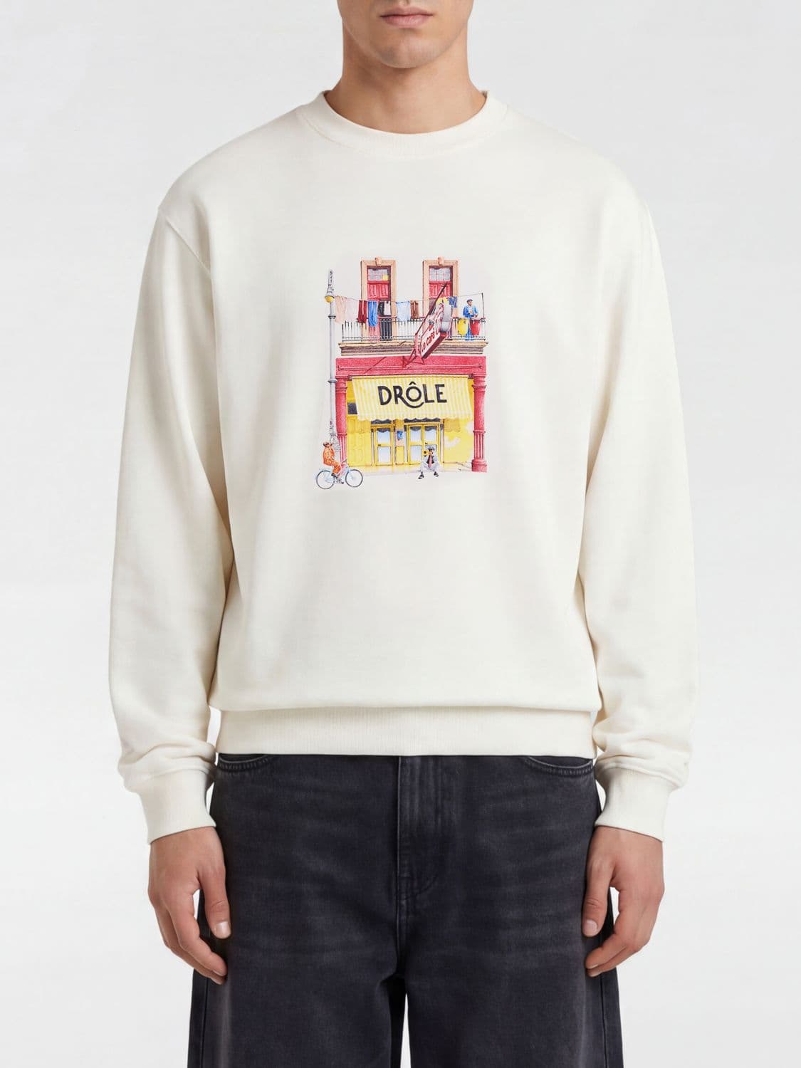 Drôle De Monsieur Graphic Print Cotton Crewneck Sweatshirt with Dropped Shoulders · M