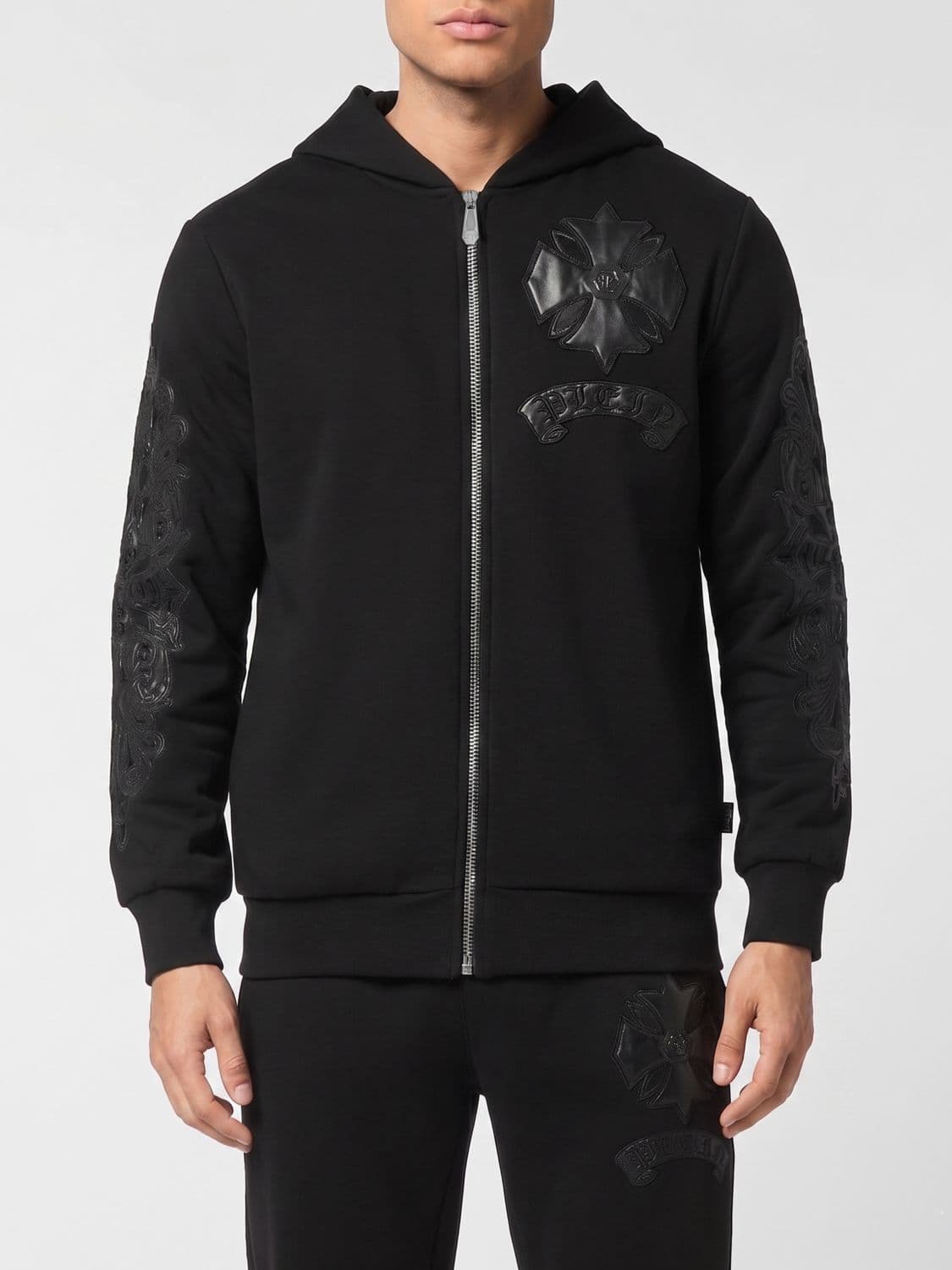 Philipp Plein Cotton Hoodie with Leather Logo