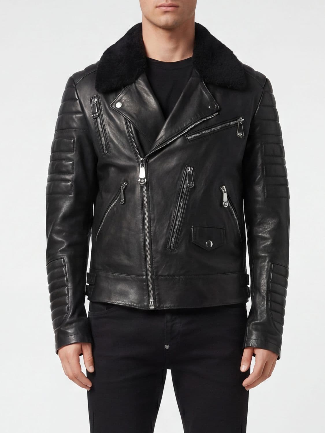 Philipp Plein Shearling Leather Biker Jacket with Logo