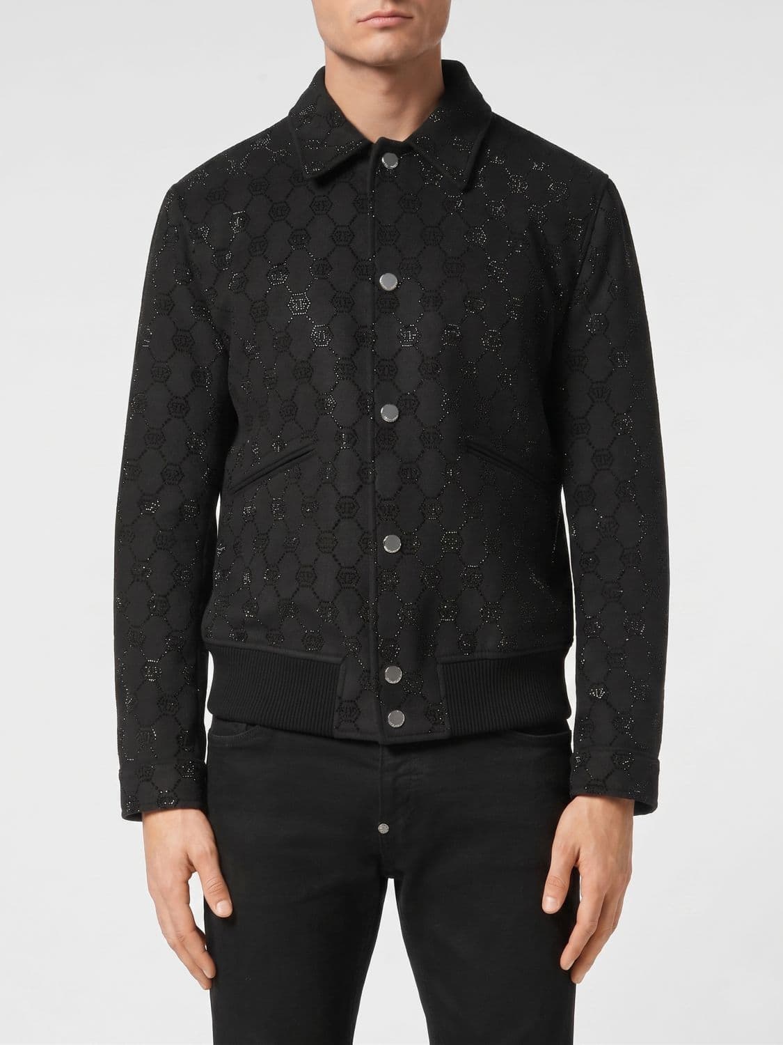 Philipp Plein Rhinestone Monogram Wool Bomber Jacket
