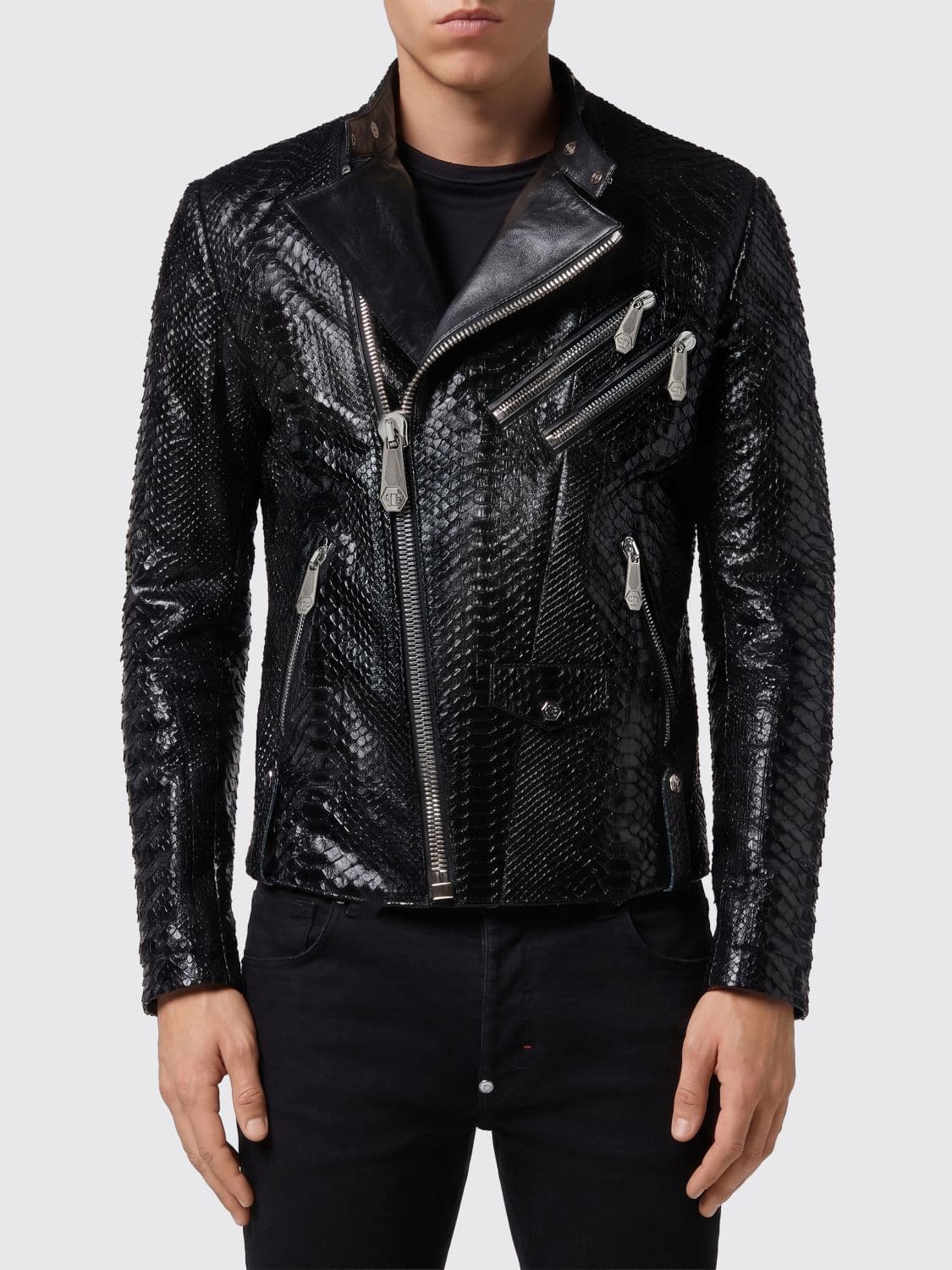 Philipp Plein Snake Print Leather Biker Jacket