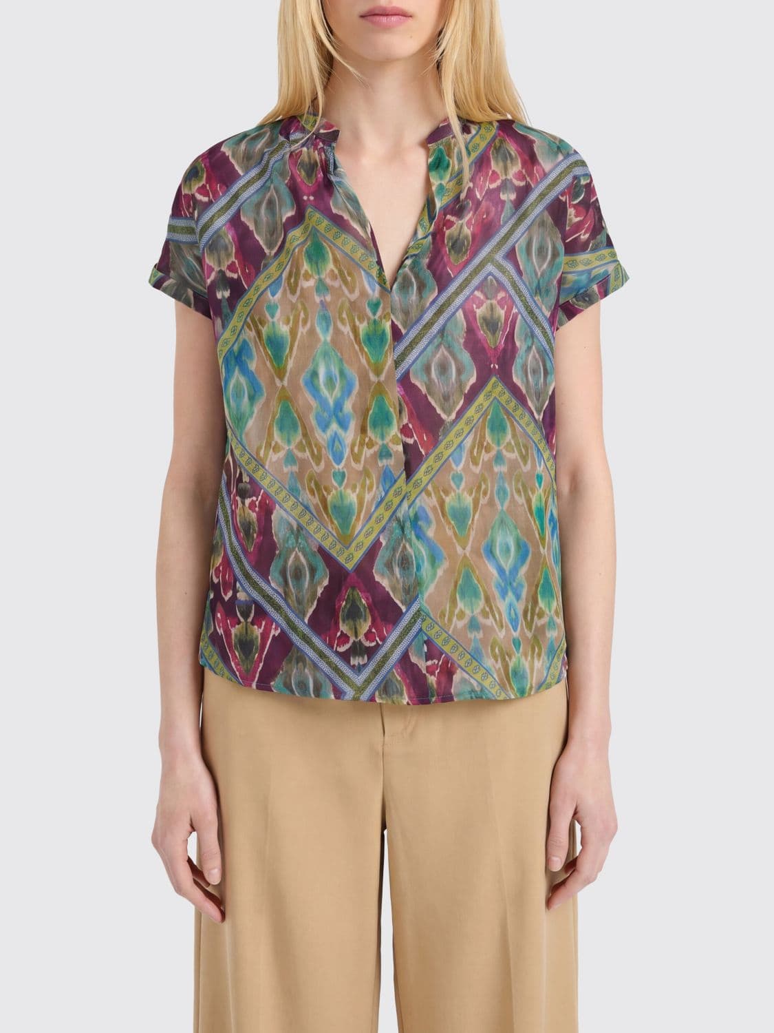 Momonì Ethnic Print Cotton Shirt with Short Sleeves