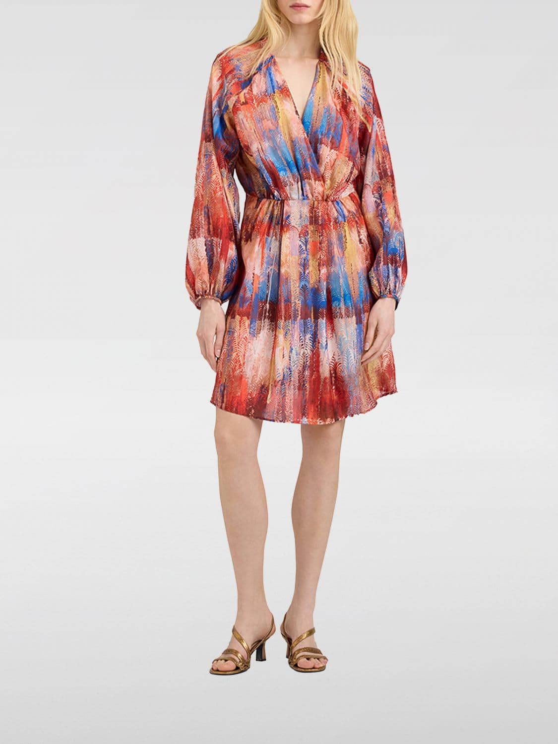 Momonì Abstract Print Silk Mini Dress with V-Neck and Long Sleeves