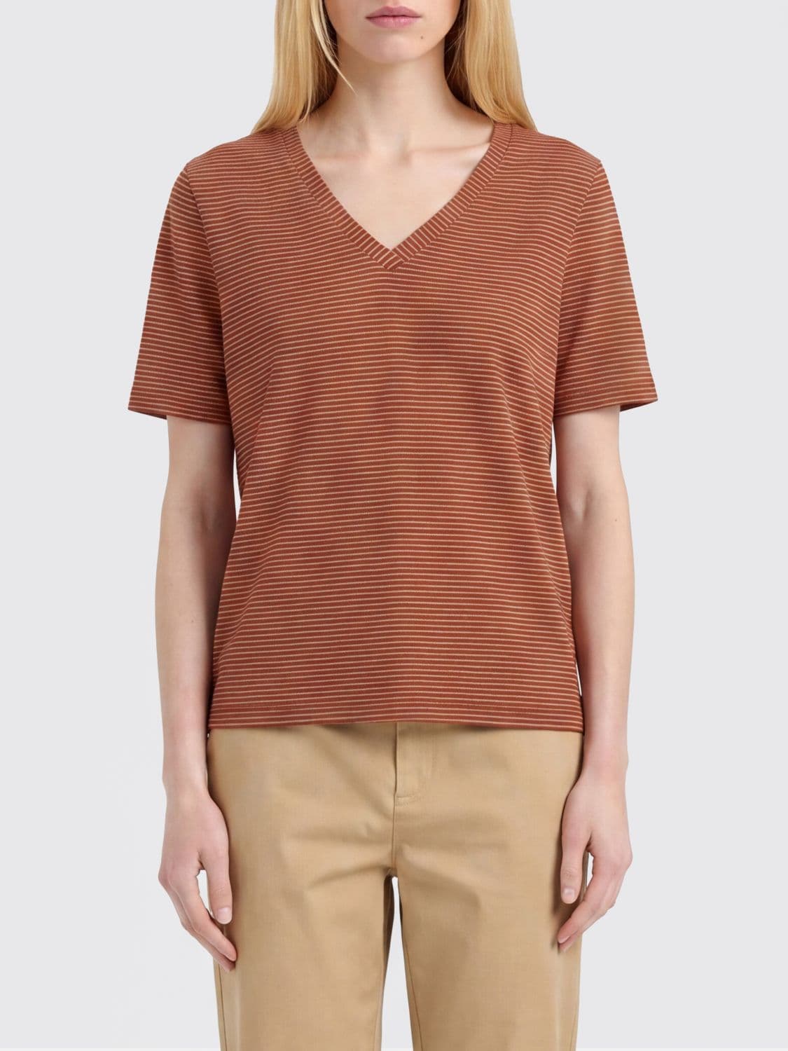 Momonì Striped V-Neck T-Shirt in a Cotton Blend with Short Sleeves