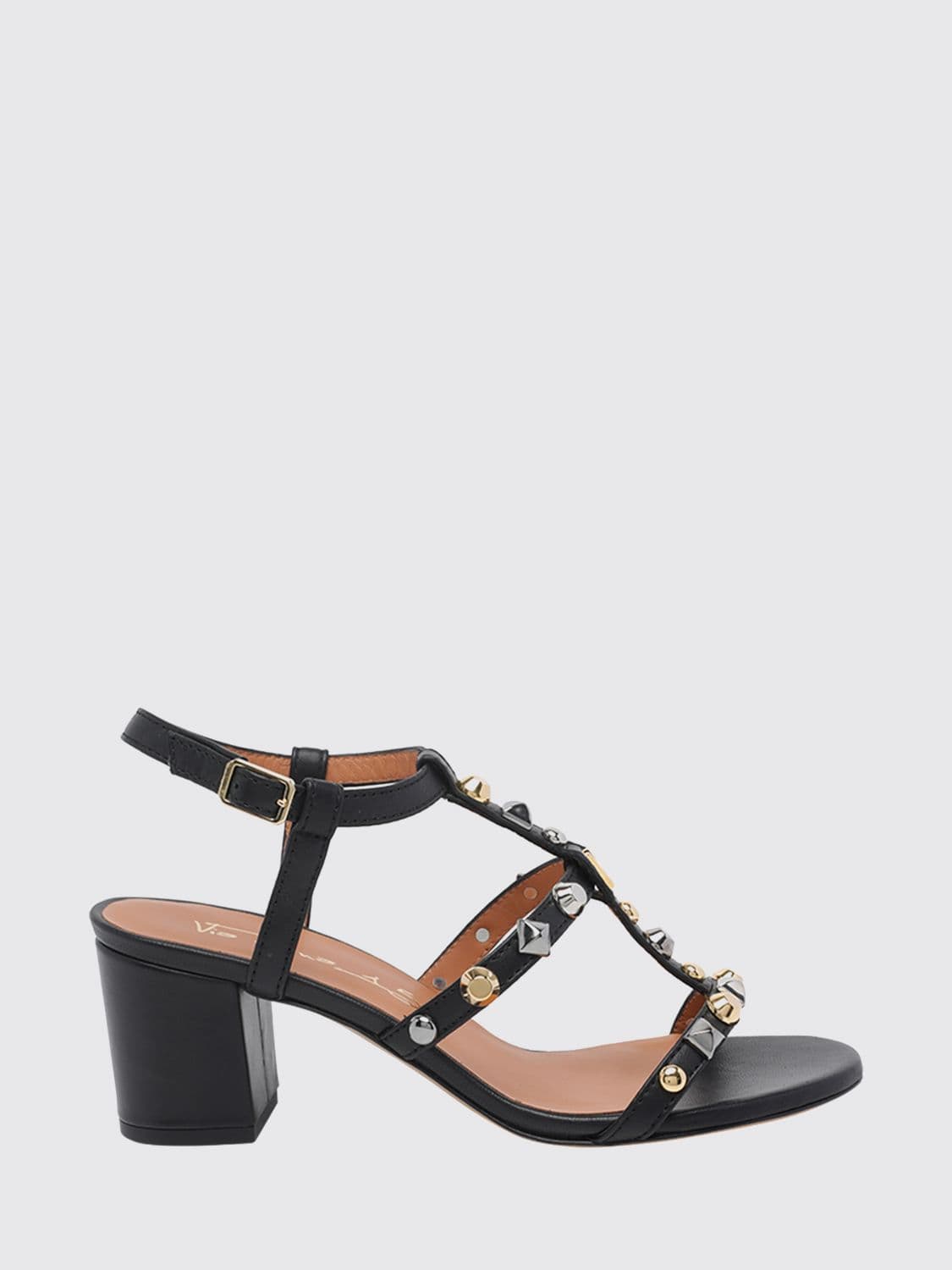 Via Roma 15 Studded Leather T-Strap Sandals with Mid-Block Heel