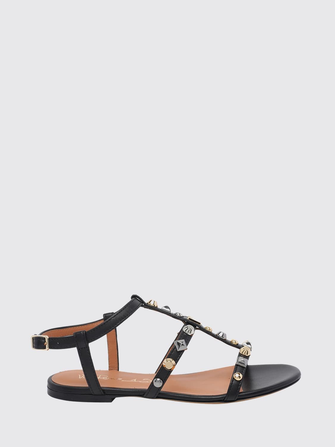 Via Roma 15 Flat T-Strap Smooth Calfskin Leather Sandals with Stud Application