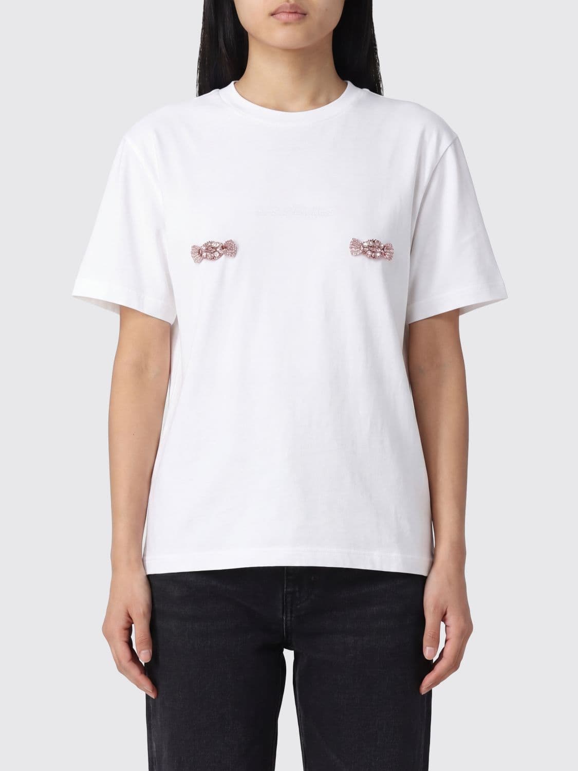Des Phemmes Cotton T-Shirt with Crystal Appliqués and Dropped Shoulders