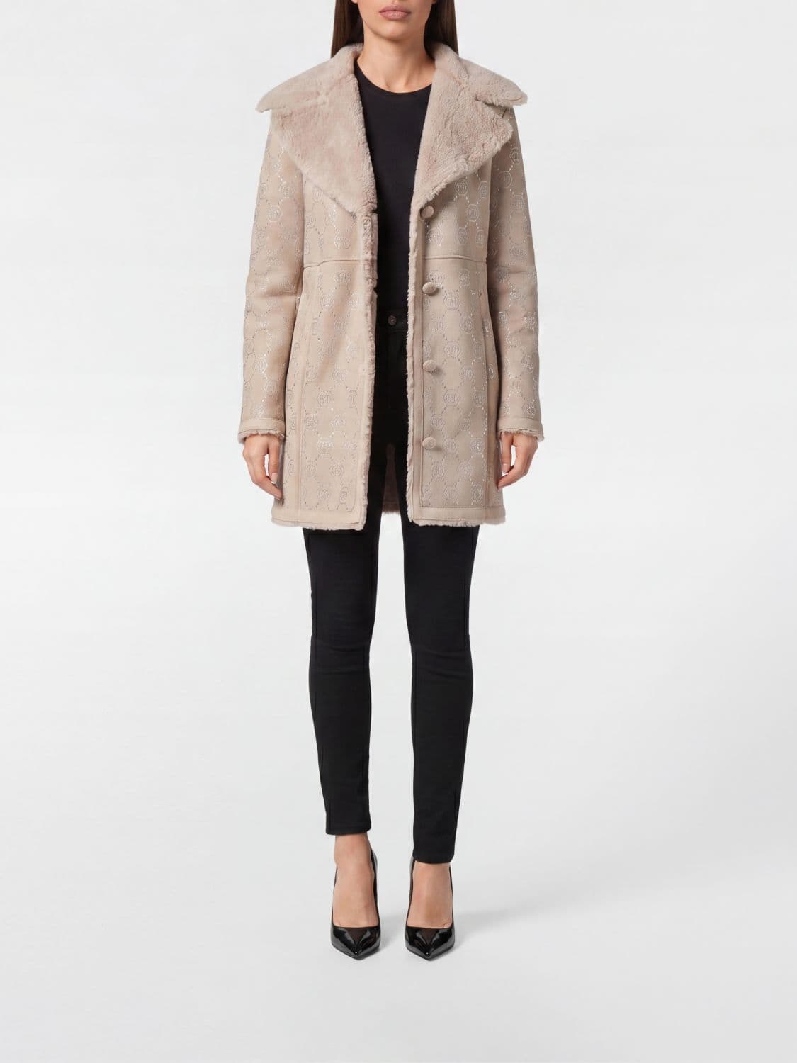 Philipp Plein Single-Breasted Shearling Coat with Rhinestone Hexagon Logo