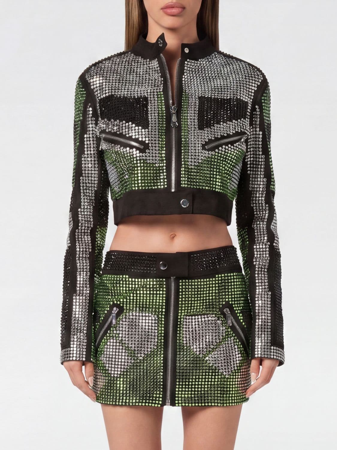 Philipp Plein Cropped Suede Biker Jacket with Rhinestones