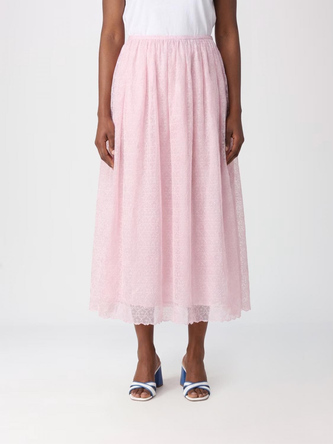 Cecilie Bahnsen A-Line Midi Skirt in Cotton Blend with Floral Motif