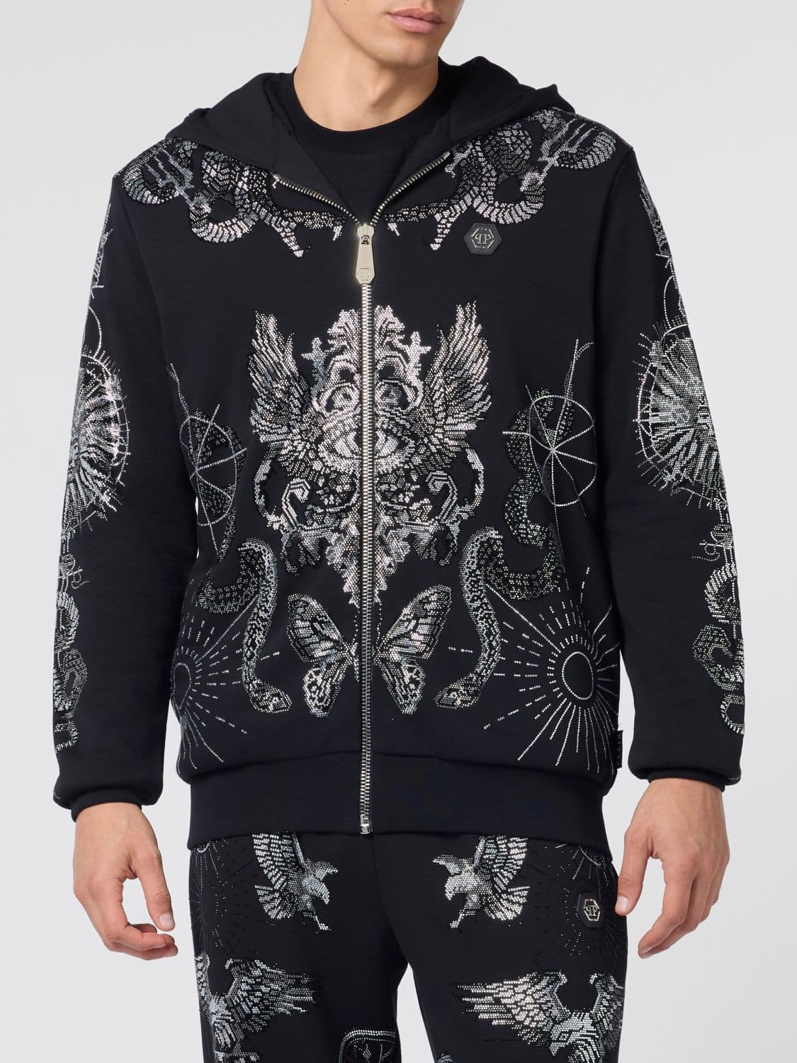 Philipp Plein Zipped Cotton Hoodie with Skull Print and Rhinestones