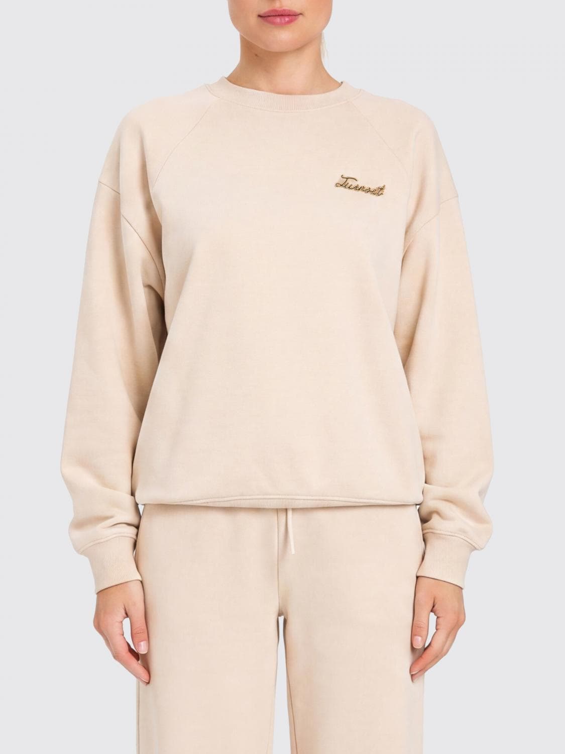 Twinset Cotton Crewneck Sweatshirt with Metallic Logo and Relaxed Fit