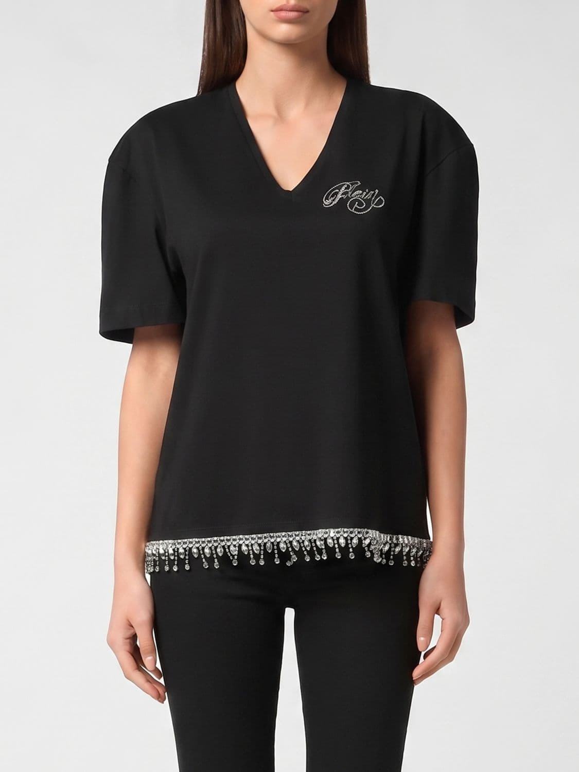 Philipp Plein Cotton V-Neck T-Shirt with Rhinestone Logo and Fringed Hem