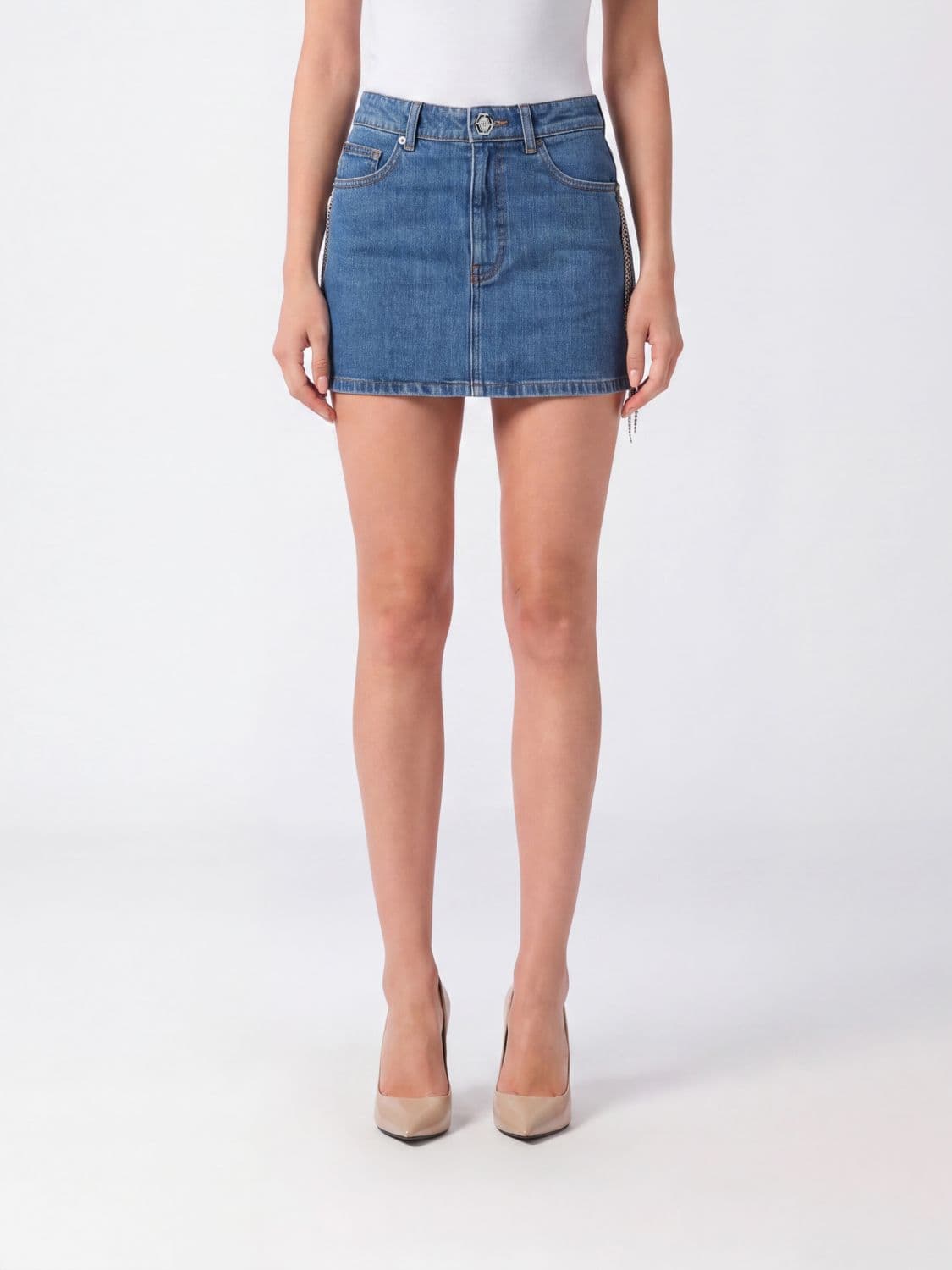Philipp Plein Cotton Denim Pencil Mini Skirt with Rhinestones and Hexagon Logo