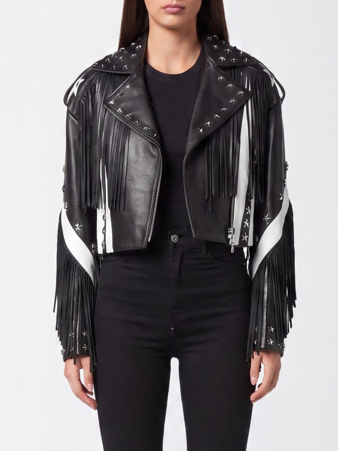 Philipp Plein Leather Biker Jacket with Fringes and Contrast Studs
