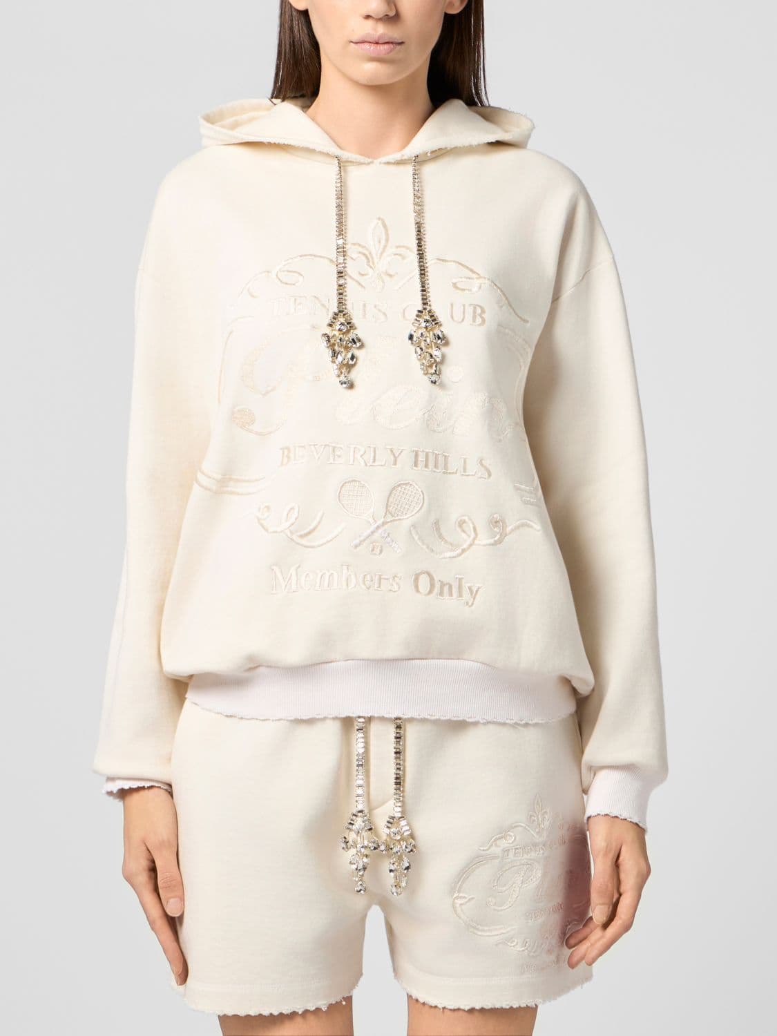 Philipp Plein Tennis Club Cotton Hoodie with Jewelled Drawstring