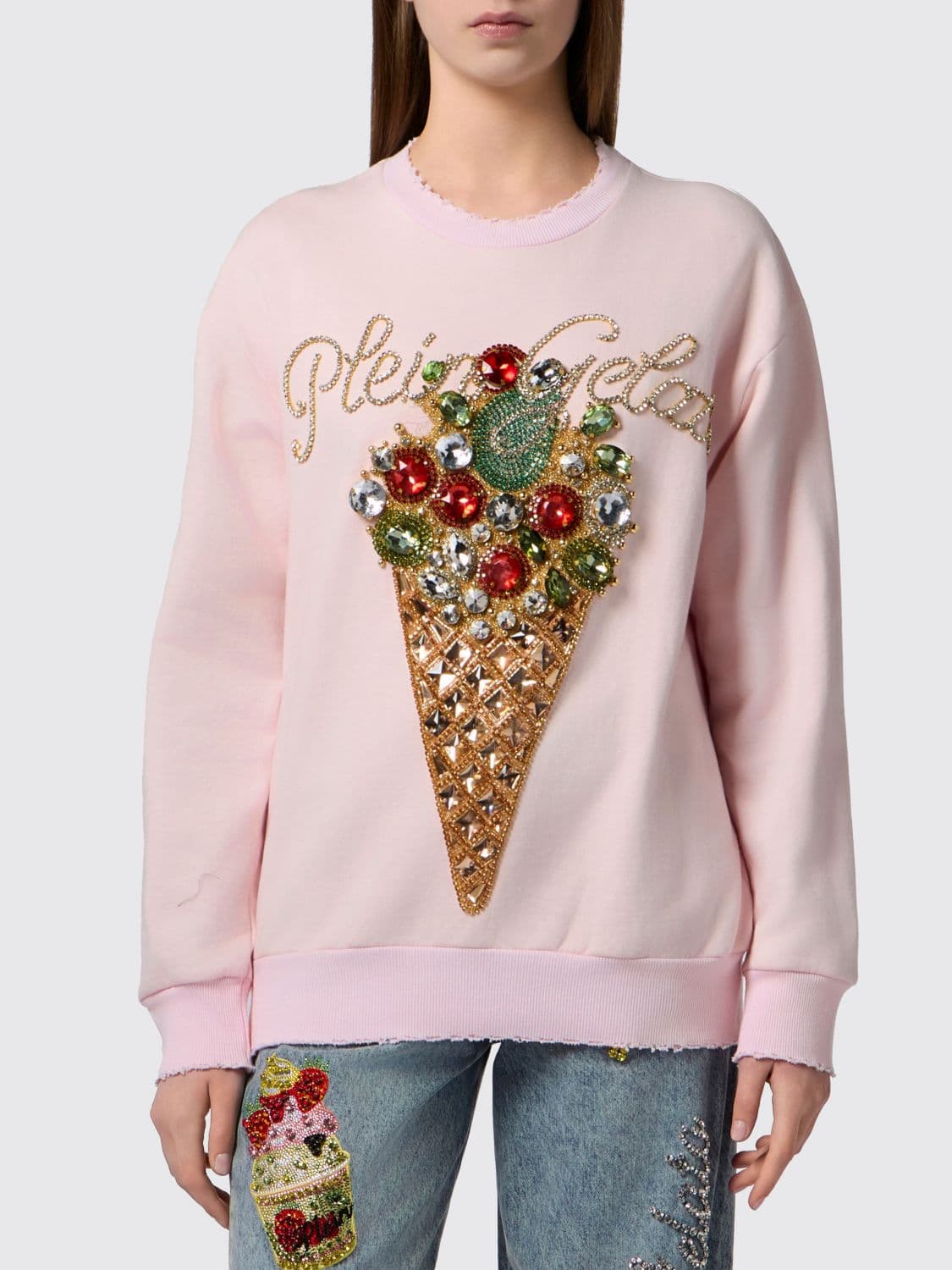 Philipp Plein Relaxed Fit Cotton Sweatshirt with Frayed Hem and Rhinestone Logo