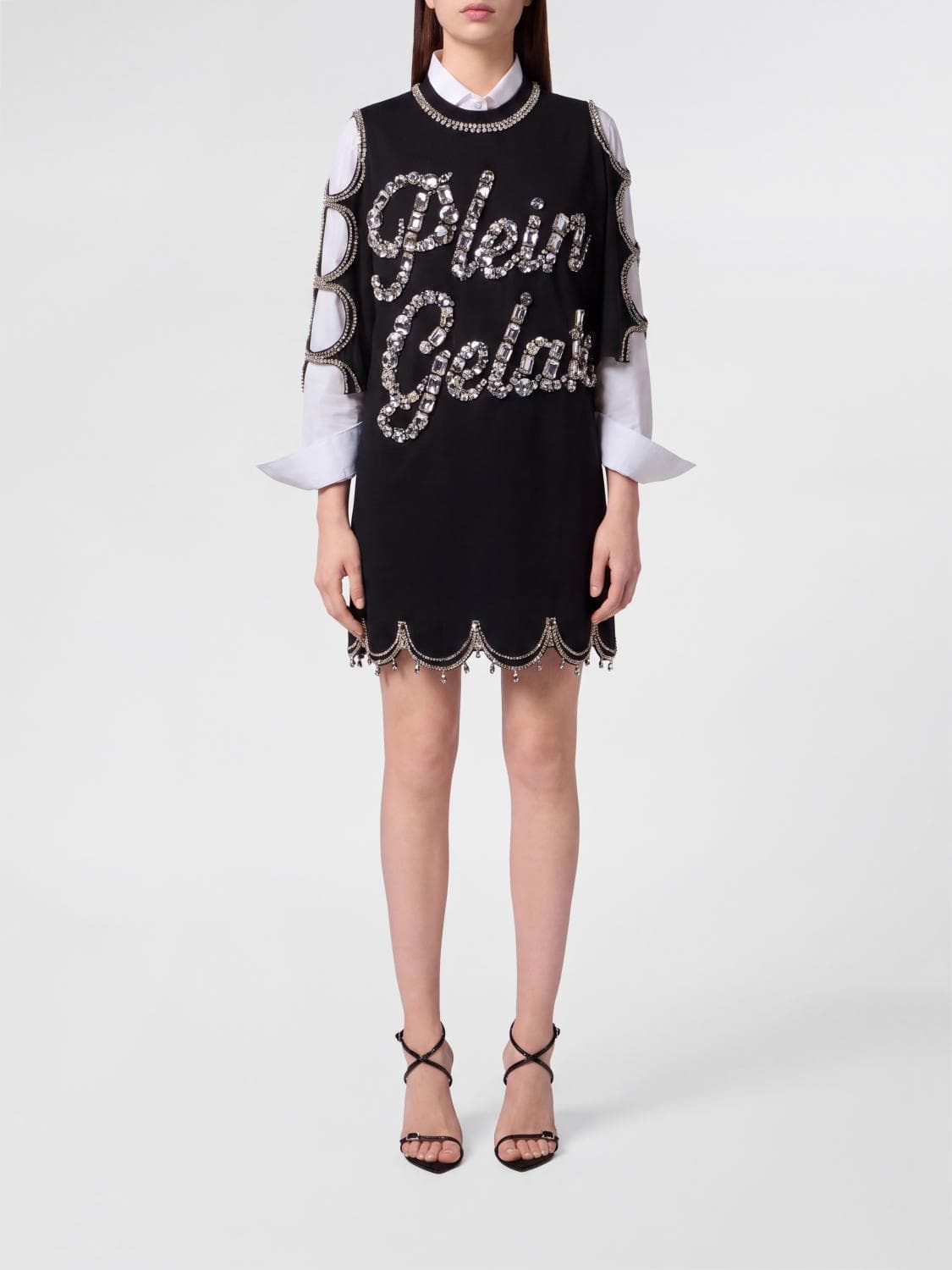 Philipp Plein Cut-Out Cotton Sheath Mini Dress with Rhinestones