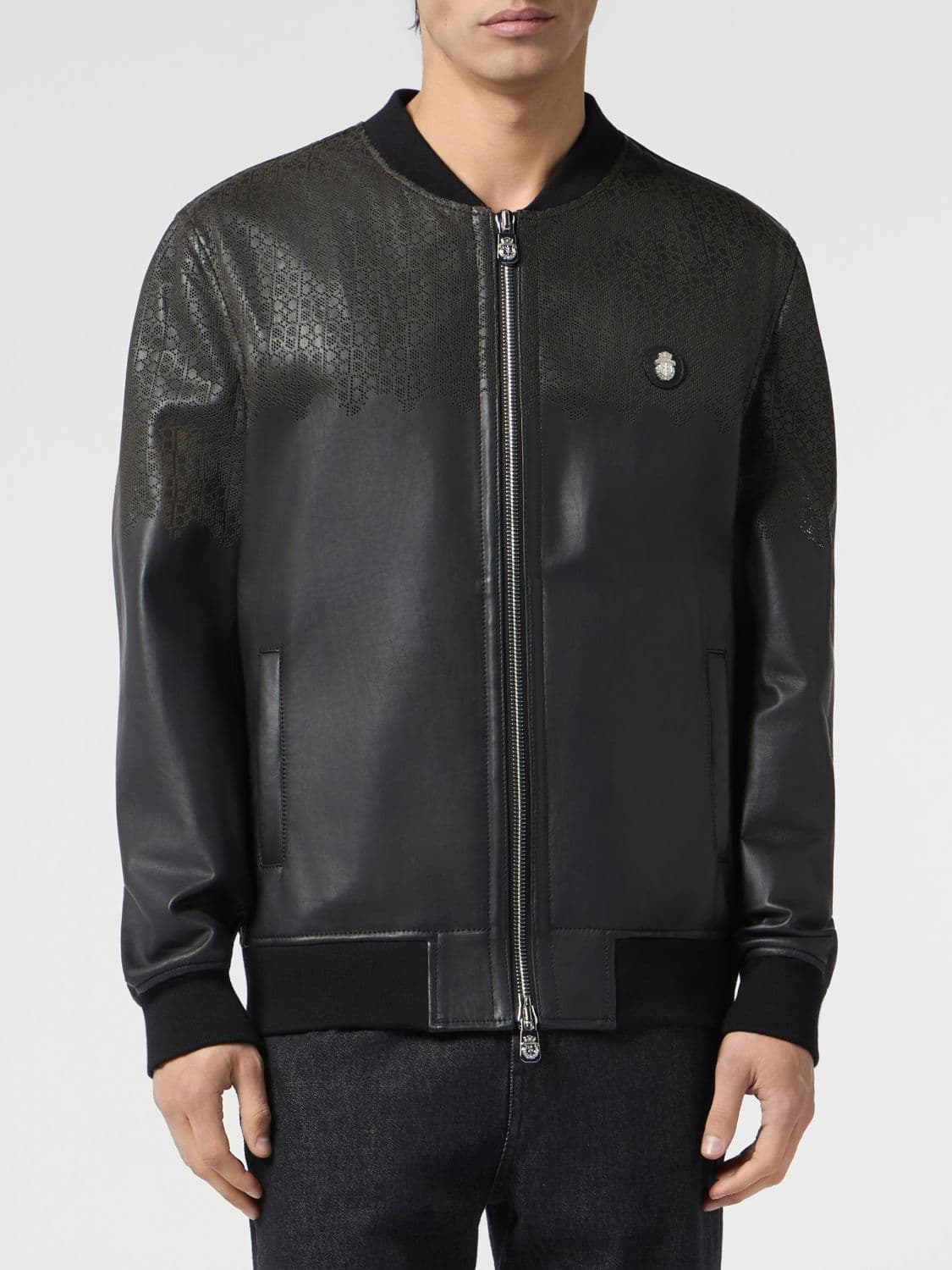 Billionaire Leather Bomber Jacket with Monogram Pattern and Applied Logo