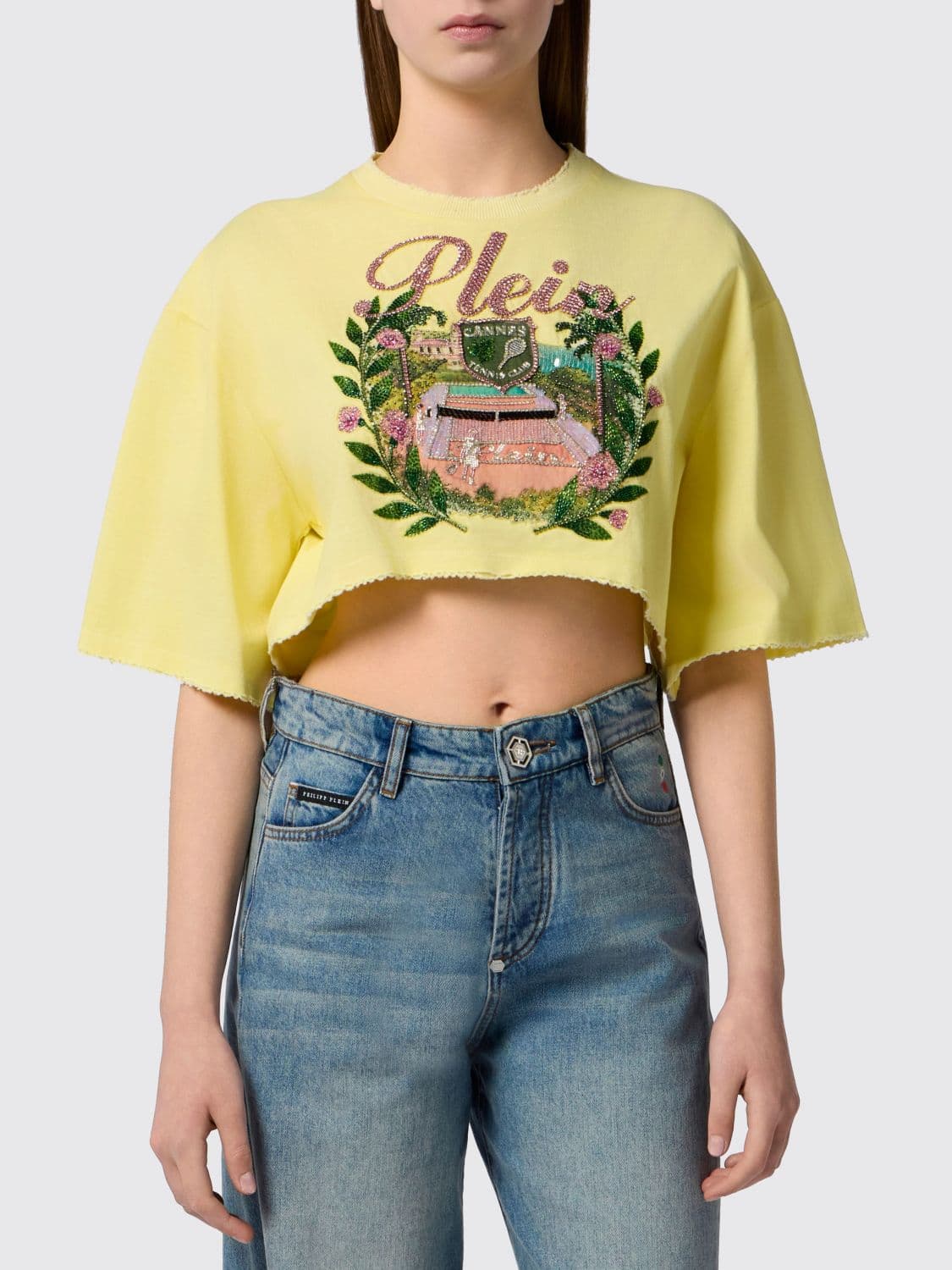 Philipp Plein Cropped Cotton T-shirt with Jacquard Logo and Fringed Hem