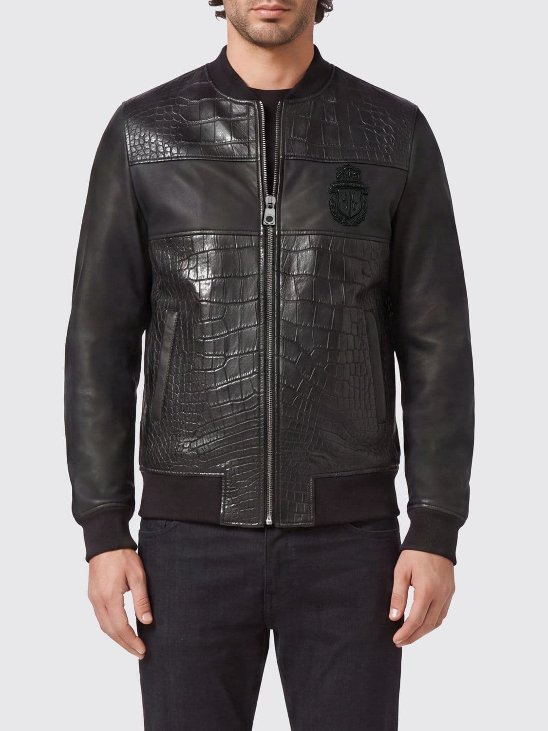 Billionaire Crocodile and Nappa Leather Bomber Jacket with Crest Logo