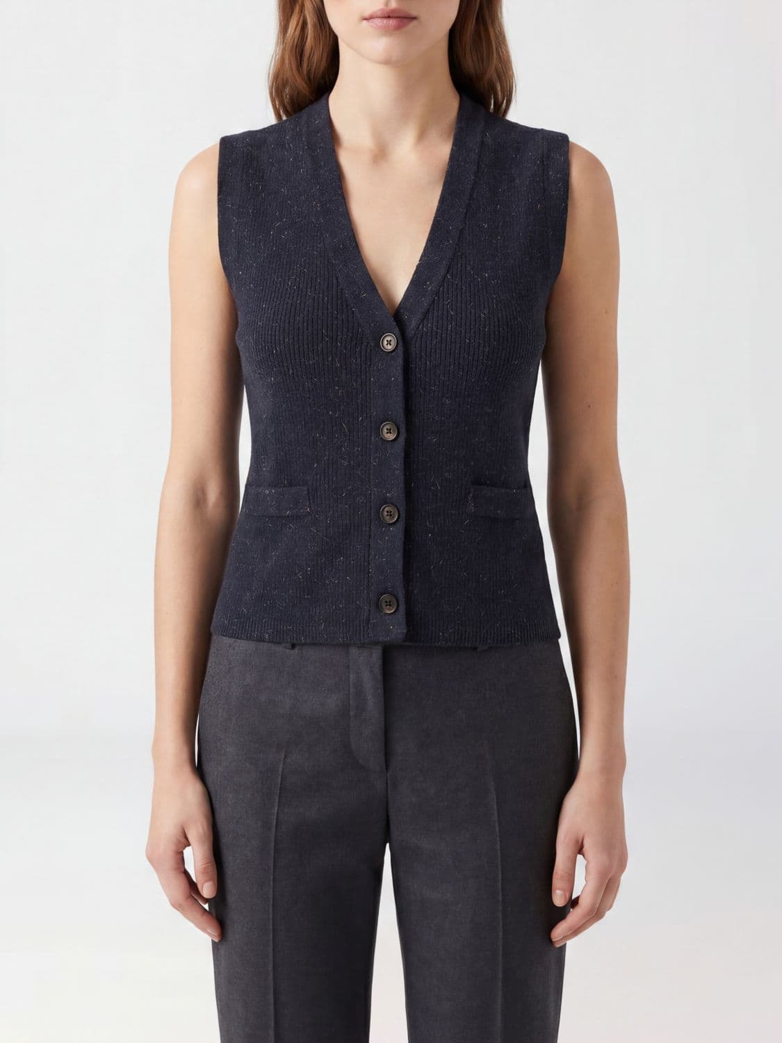 Brunello Cucinelli Slim Fit V-Neck Knitted Waistcoat in Cashmere Blend with Lurex · L