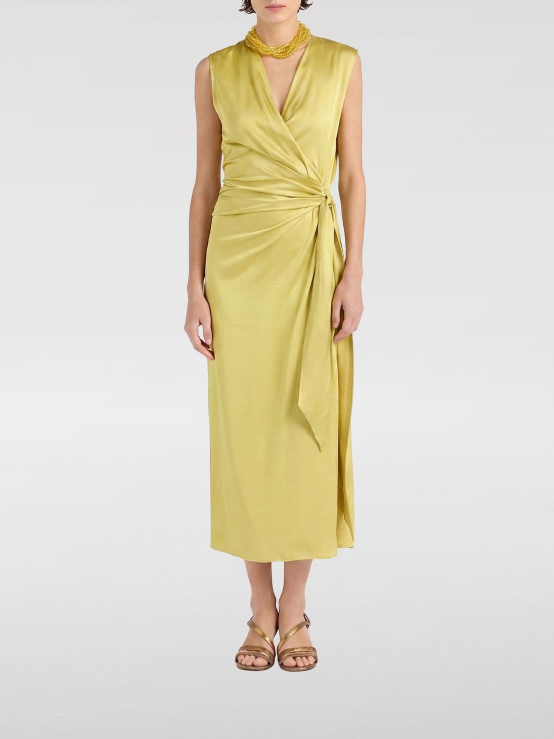 Momonì V-Neck Satin Midi Wrap Dress with Side Slit