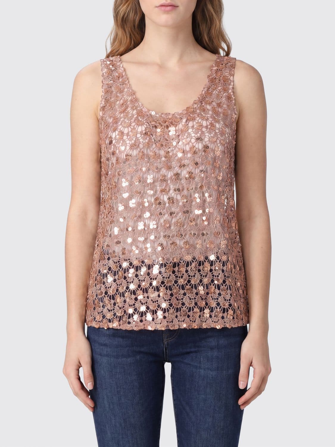 Hanita Sleeveless Evening Top in Macramé Lace with Sequins · L