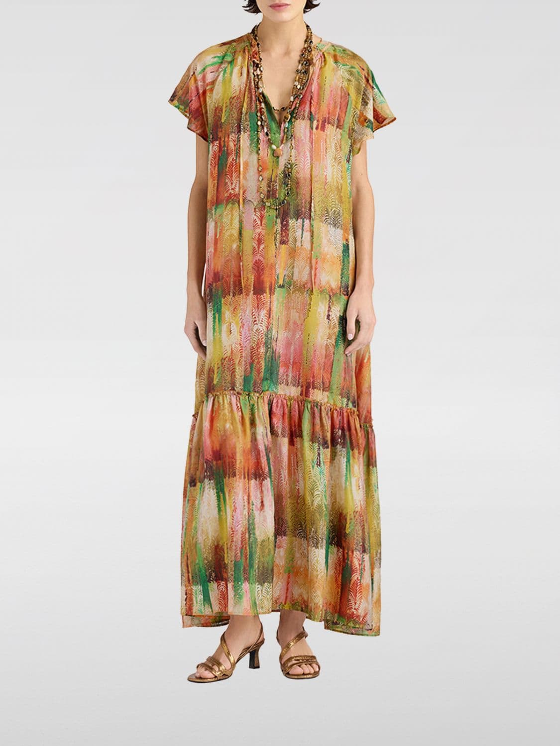 Momonì Otero Long Silk Tunic with Abstract Print and Round Neck