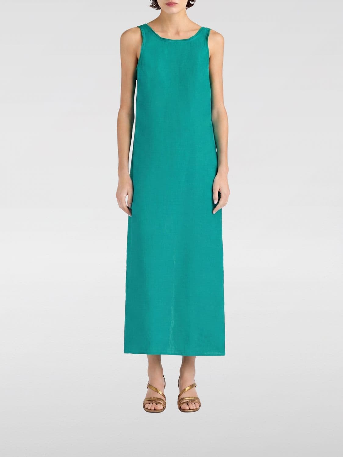 Momonì A-Line Linen Midi Dress with Off-the-Shoulder Design and Back Slit